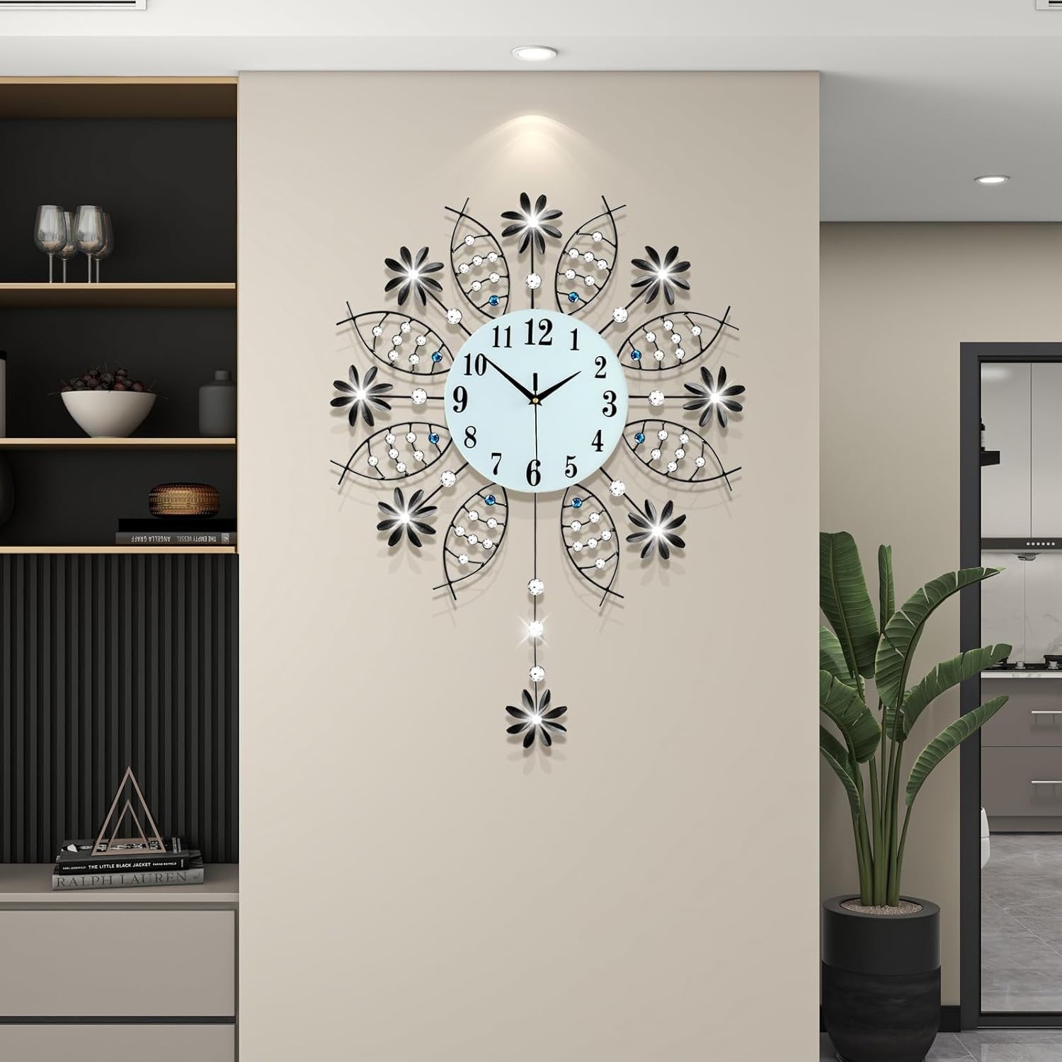 Oversized Silent Wall Clock 22" Modern Glass Crystal Pendulum Decor