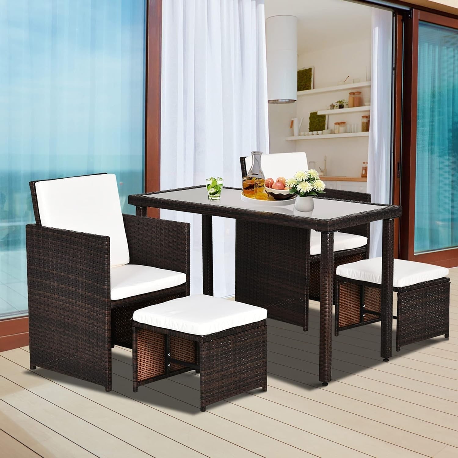 Space Saving Rattan Dining Set 4PC Cube Chairs Glass Table Patio Balcony