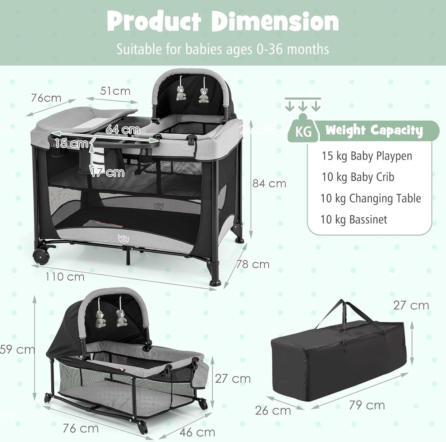 5in1 Travel Cot Baby Bedside Crib Bassinet w/ Mattress Folding Playard Black