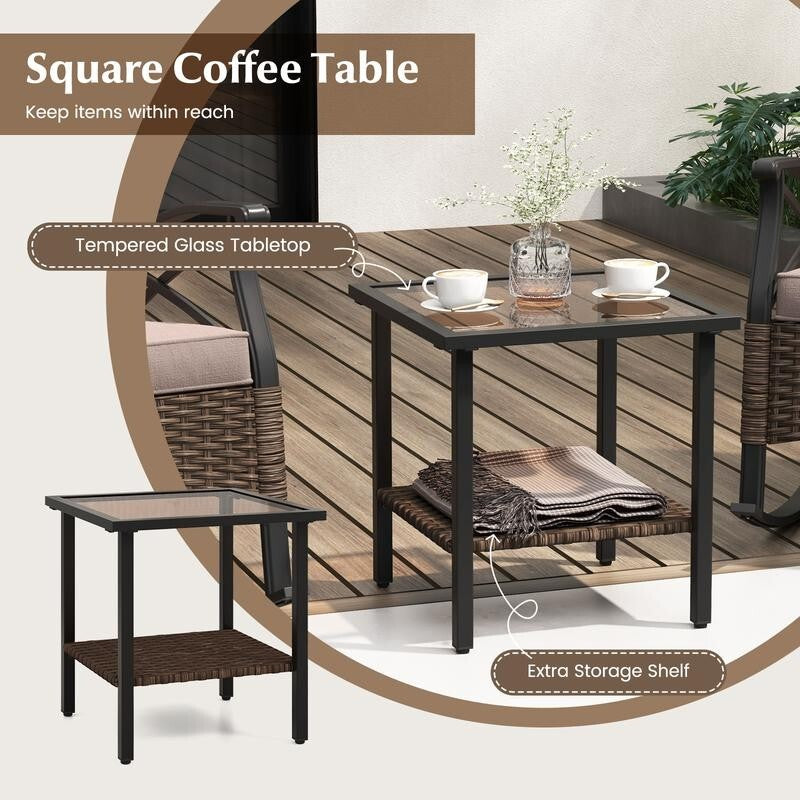 3PC Rattan Rocking Chair Set with Cushions & Glass Table for Garden Patio