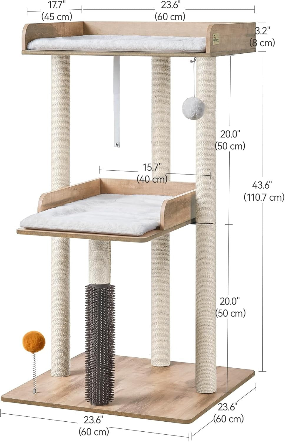 Large Wooden Cat Tree Tower Greige 111cm Multi-Level Perches Scratching Post