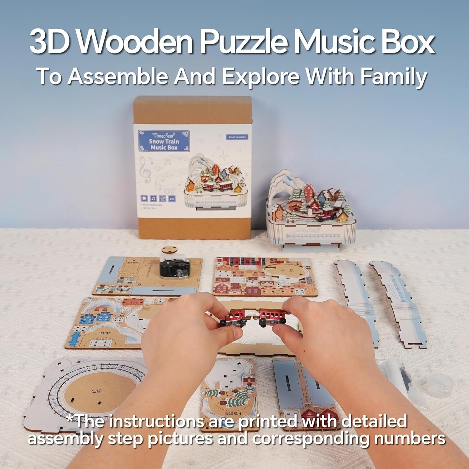 3D Wooden Snow Train Puzzle Music Box DIY Kit Gift Rotating Light-Up Decor
