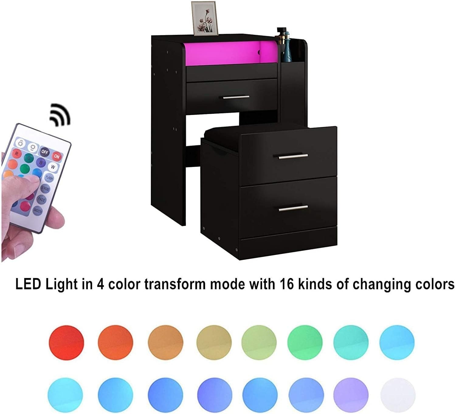 Vanity Set Dressing Table Flip Mirror 3 Drawers LED Lights Stool Makeup Desk Bla