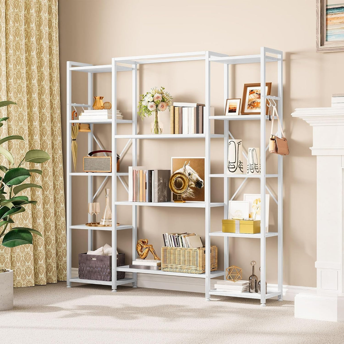 13 Shelf Industrial Bookcase Pure White Metal & Wood Storage Display Rack