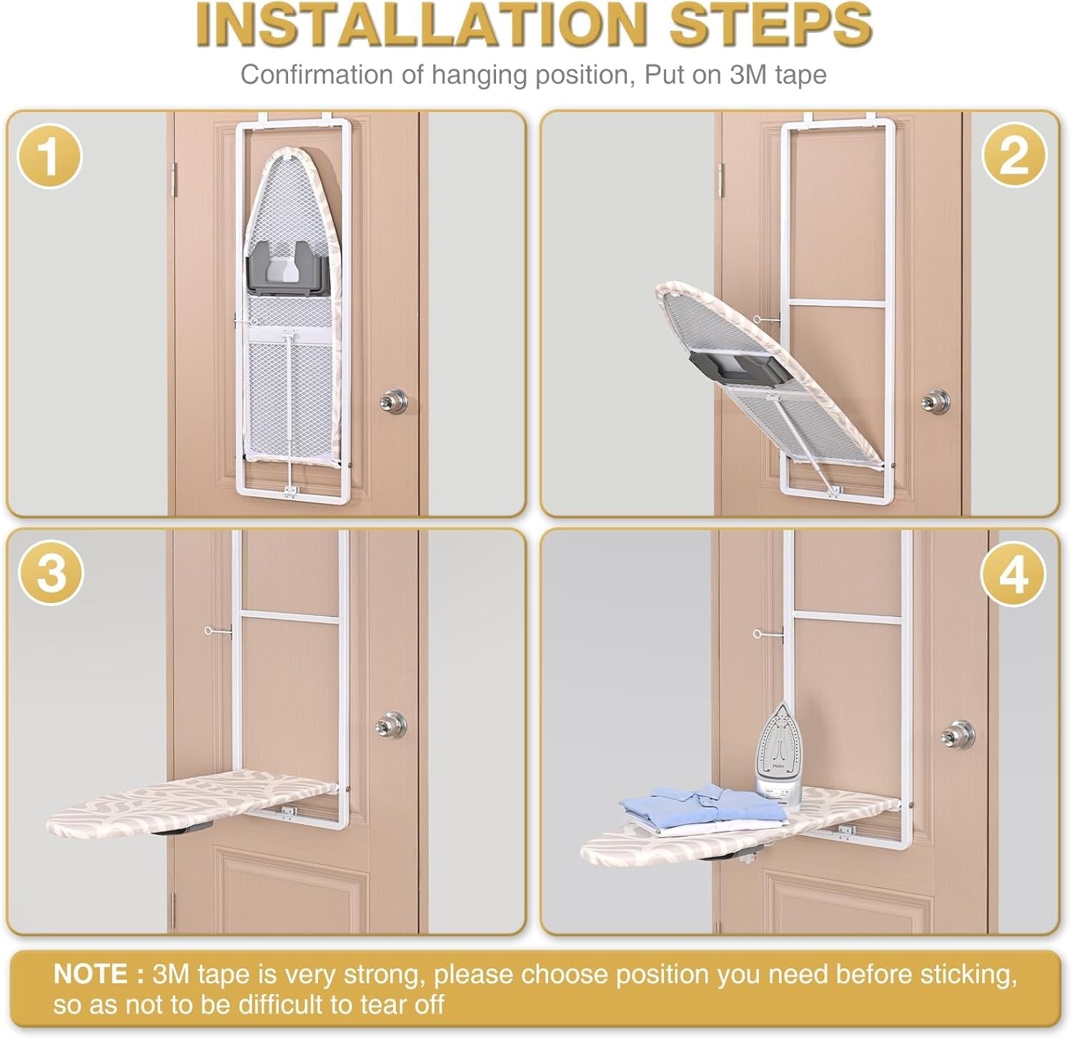 Over Door Folding Ironing Board White 36x12in Hanging Space Saving