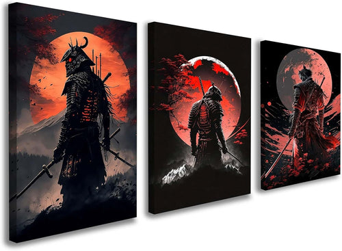 Set of 3 Samurai Warrior Canvas Wall Art 12x16 Framed Japanese Decor