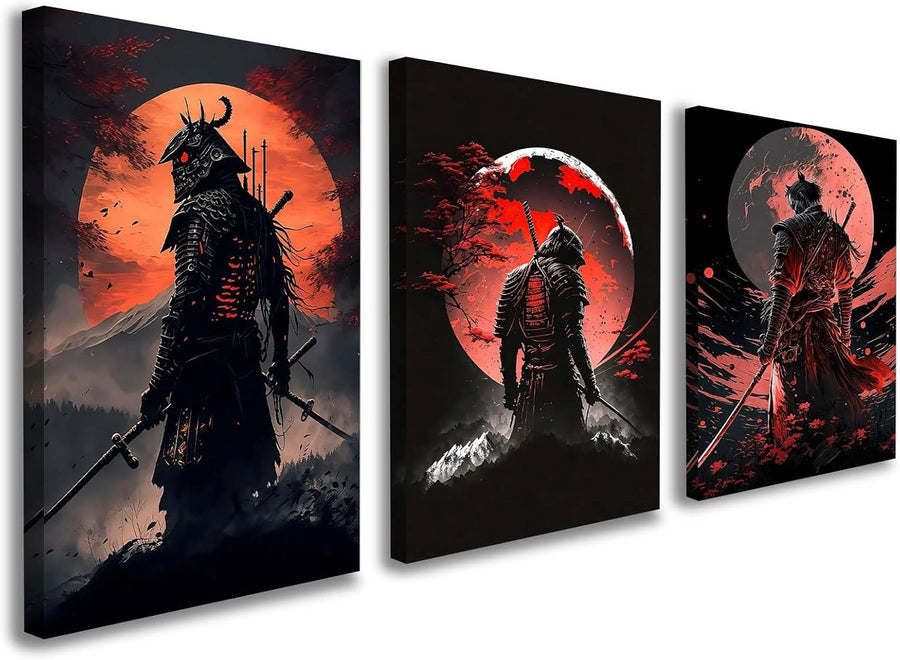 Set of 3 Samurai Warrior Canvas Wall Art 12x16 Framed Japanese Decor