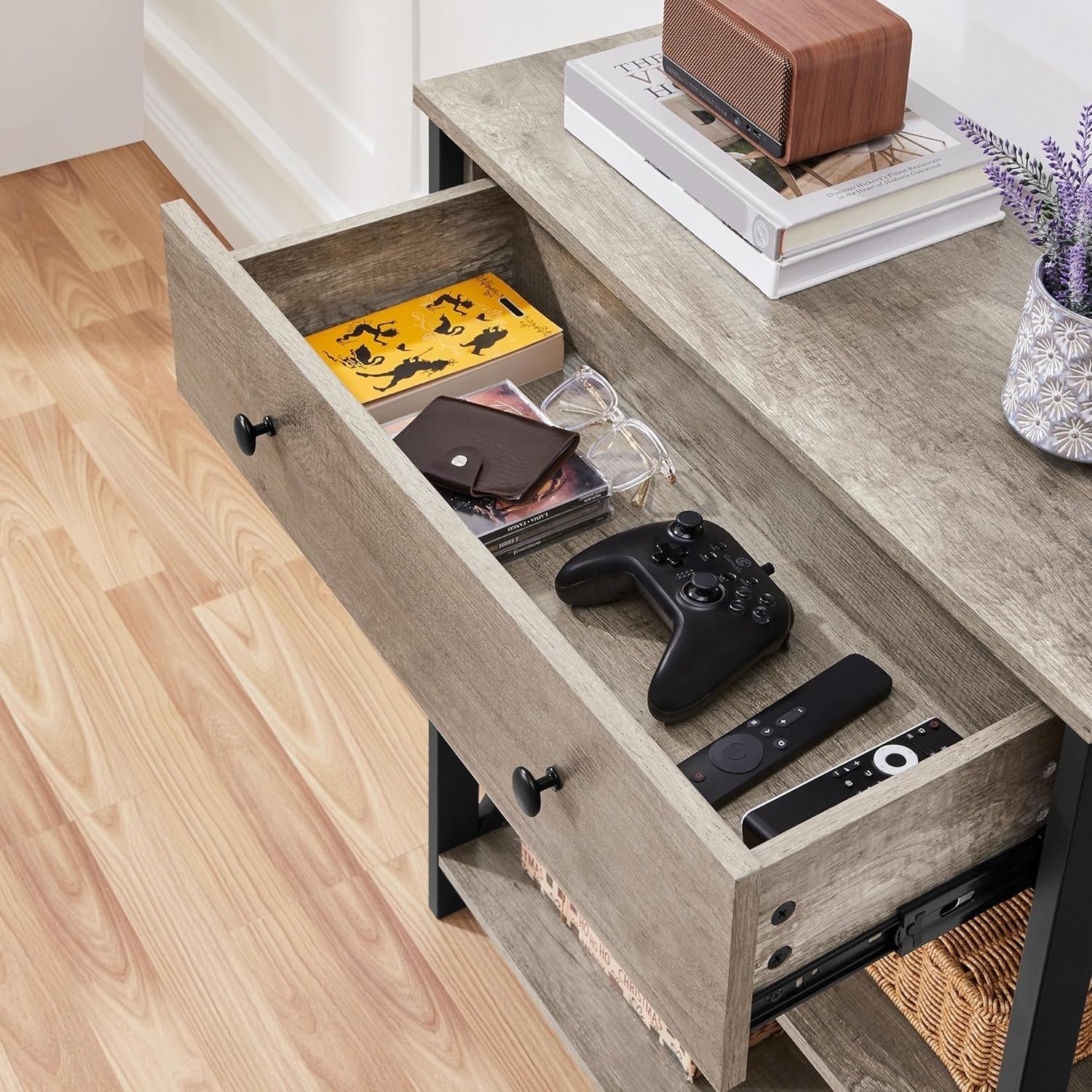 Compact Grey Console Table with Drawer & 2 Shelves, 80x29.5x81cm, Stylish