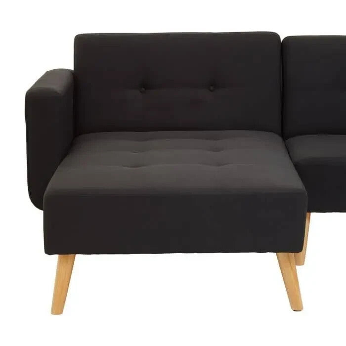 Modern Black Corner Sofa Bed Linen Upholstery w/ Oak Legs 3-Seater