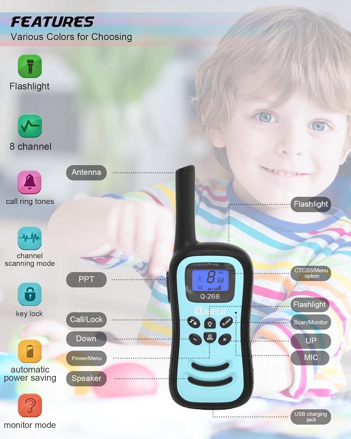 Kids Rechargeable Walkie Talkies 2 Pack Long Range 8CH VOX Flashlight