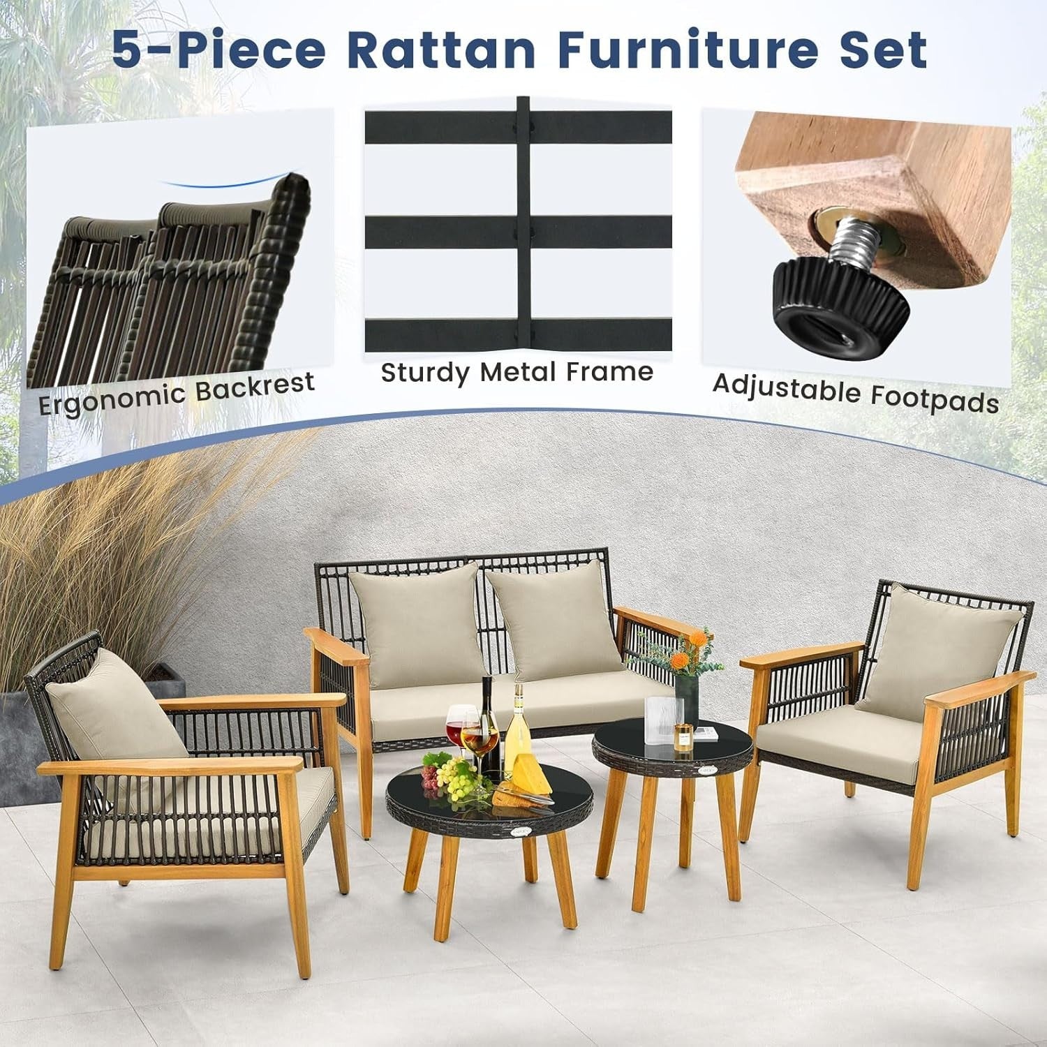 5pc Garden Sofa Set Wood Rattan Outdoor Furniture Cushions & Tables