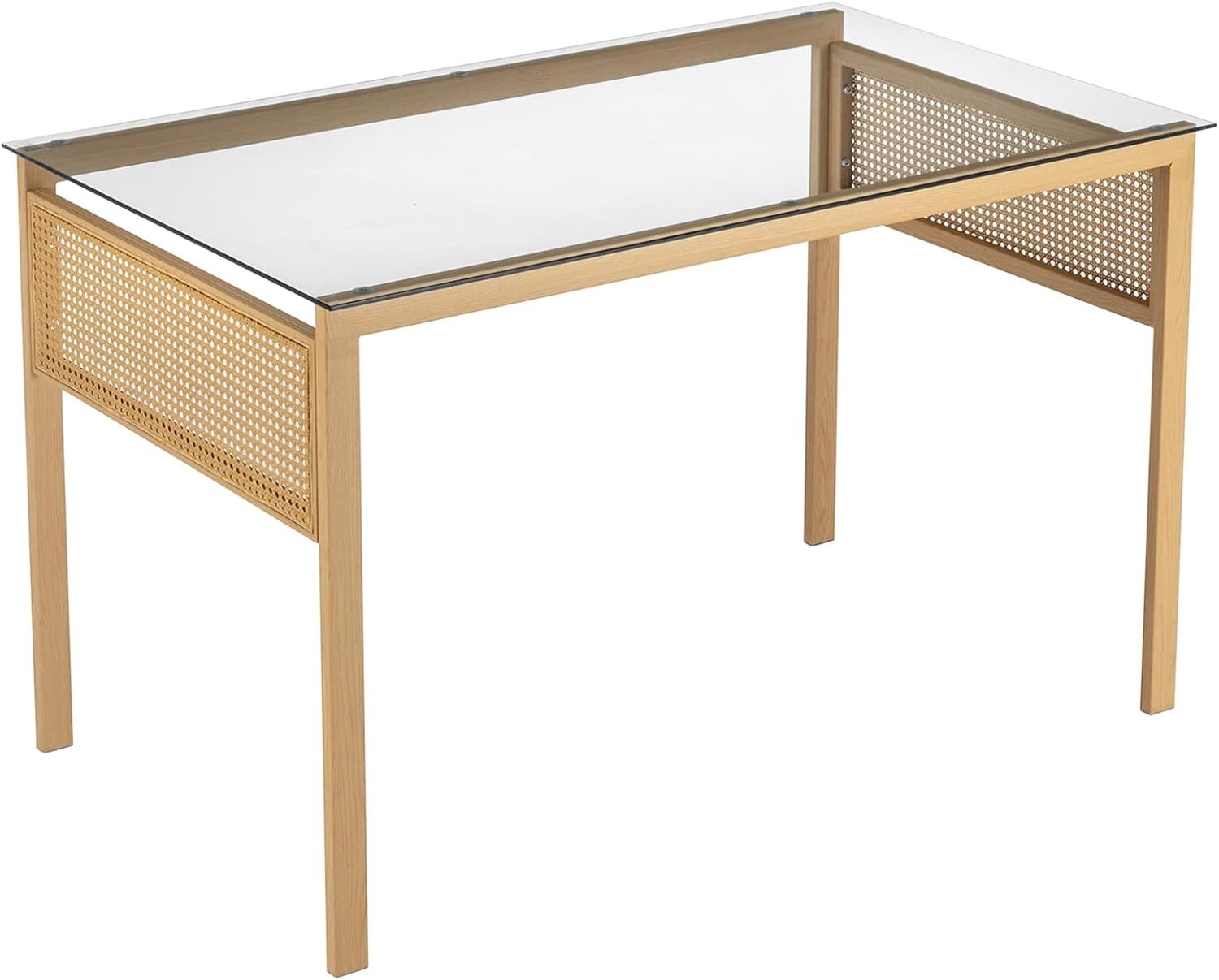 Boho Glass Dining Table Rectangular 120x70x75cm Metal & Rattan 4-6 Seater