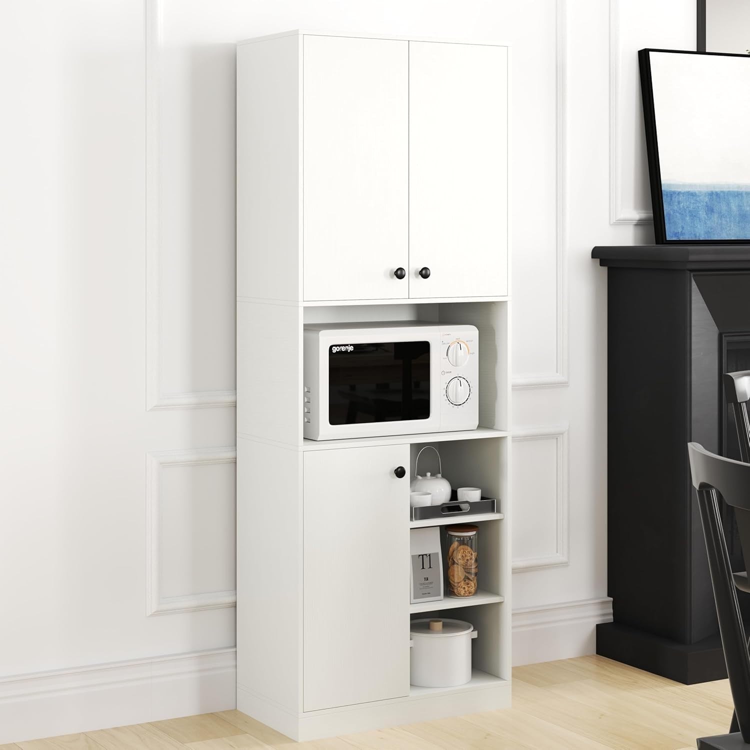 166cm Tall Kitchen Cupboard White 3 Doors Open Shelves Anti-Tip