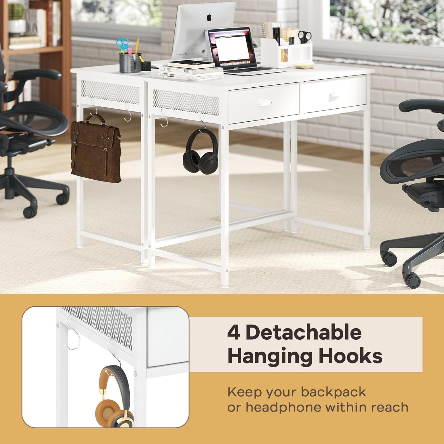 Computer Desk with Drawers White Home Office Study Table Hooks Storage