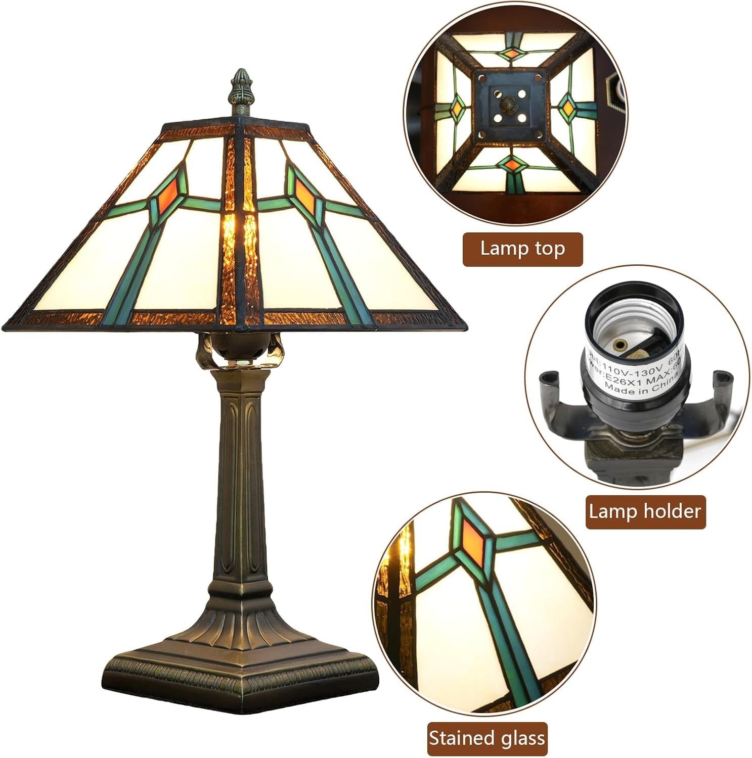 Tiffany Style Table Lamp Vintage Stained Glass Bedside Light w/ LED