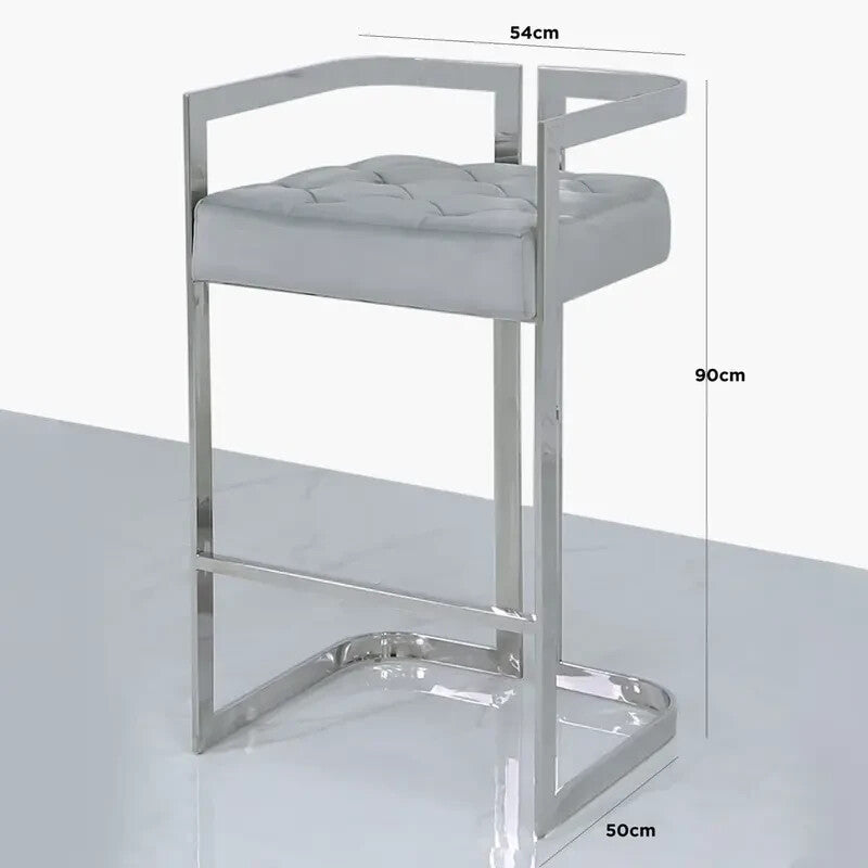 Grey Velvet Bar Stool with Backrest Chrome Stainless Steel Frame Modern