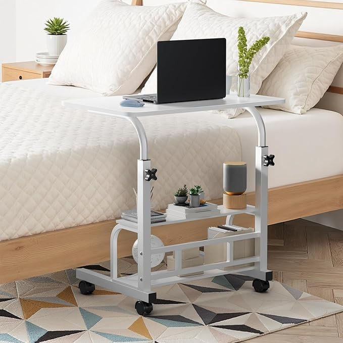 Mobile Laptop Desk on Wheels Height Adjustable Storage Shelves 60x40cm White