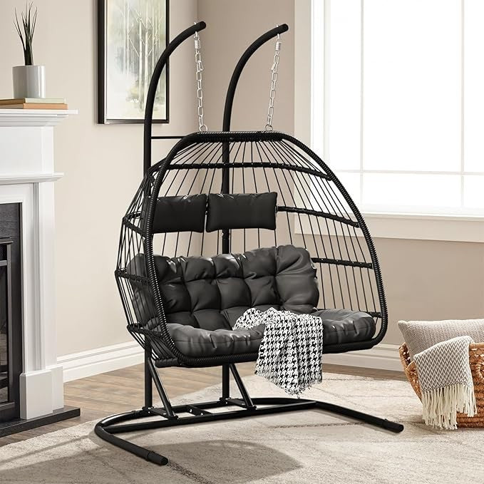 2 Seater Hanging Egg Chair with Stand – Foldable Rattan Swing Hammock