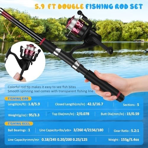 Kids Fishing Rod Set of 2 Telescopic Spinning Combo with Reel Lures Bag 1.8M