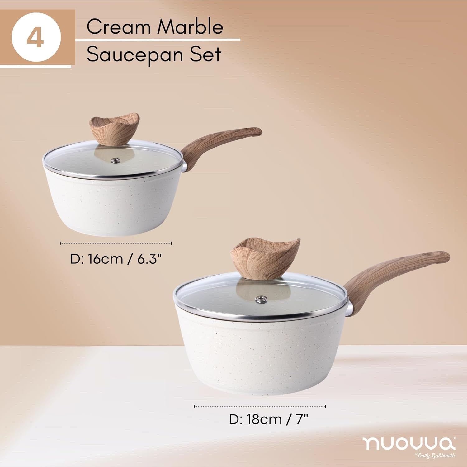 2pcs Cream Non-Stick  Saucepan Set with Lids 16cm & 18cm Induction Ready