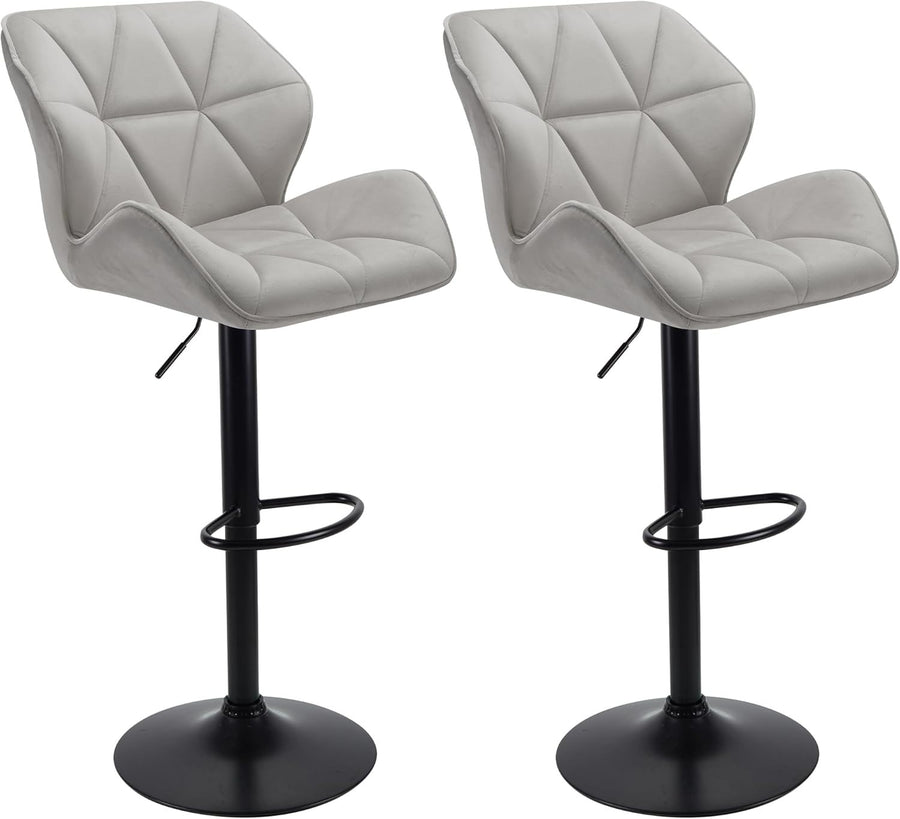 Velvet Grey Bar Stools Set of 2 – Adjustable Swivel Kitchen Chairs