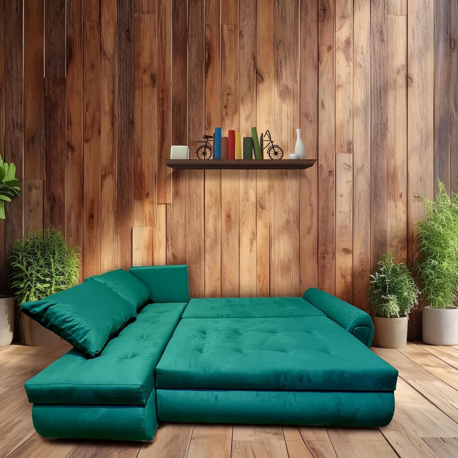 Green Velvet L-Shaped Sofa Bed w/ Storage & Pull-Out Sleeper 4 Seater