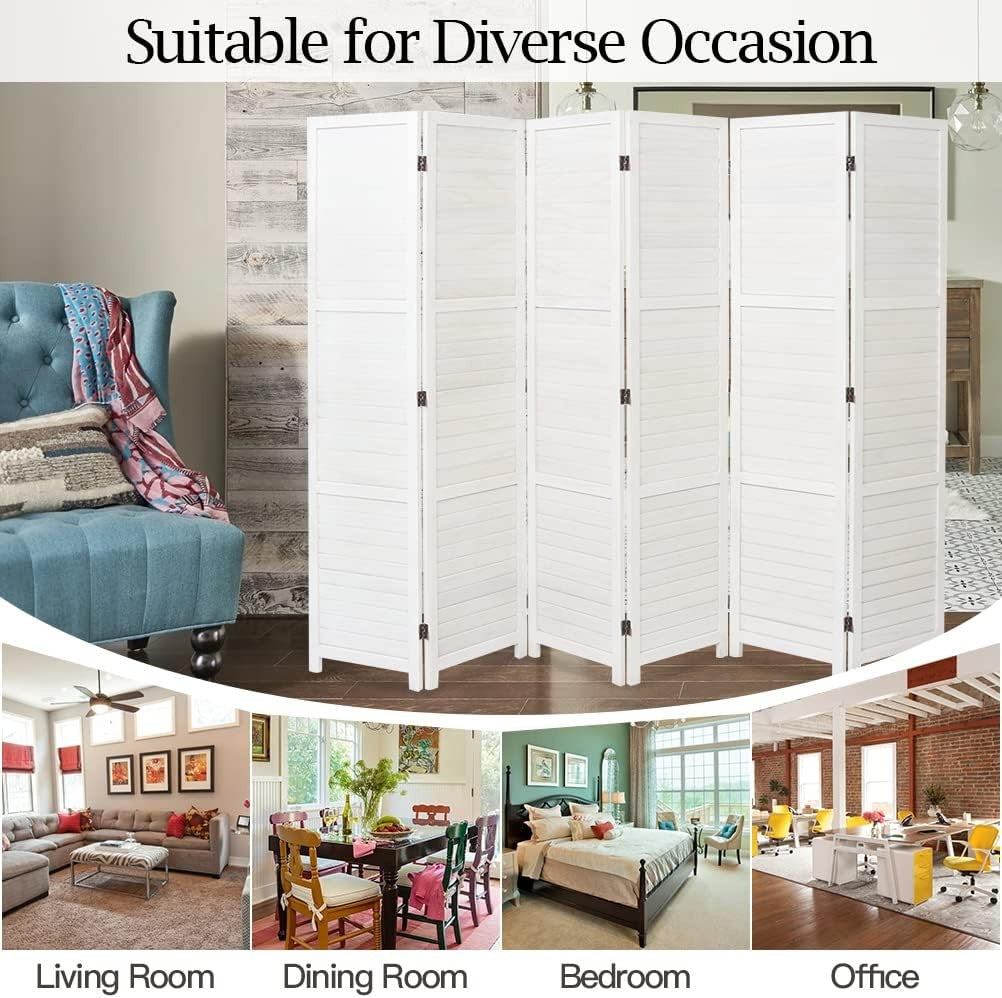 White 6 Panel Wooden Folding Room Divider Privacy Screen 240x170cm Home Office