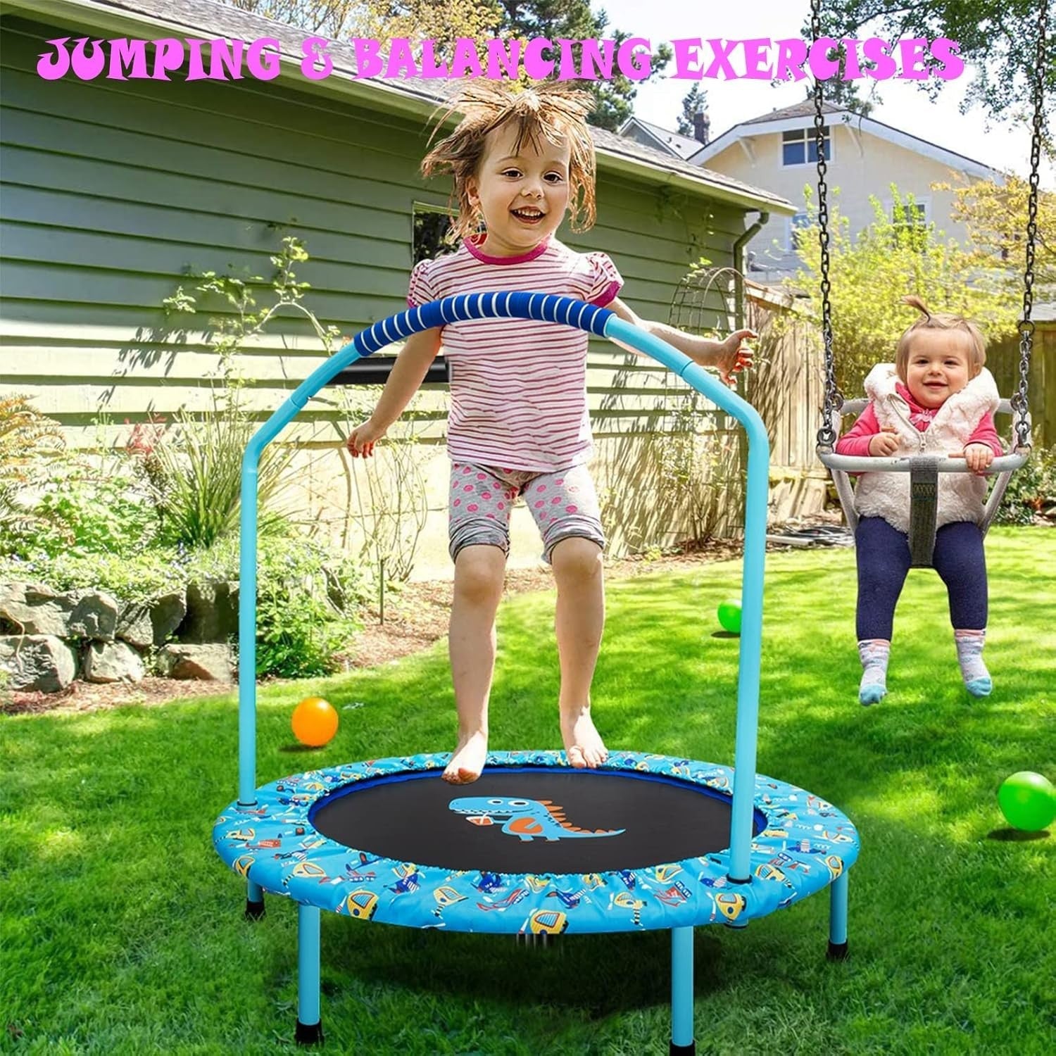 38'' Kids Trampoline Foldable Quiet Rebounder Adjustable Handle Light Blue