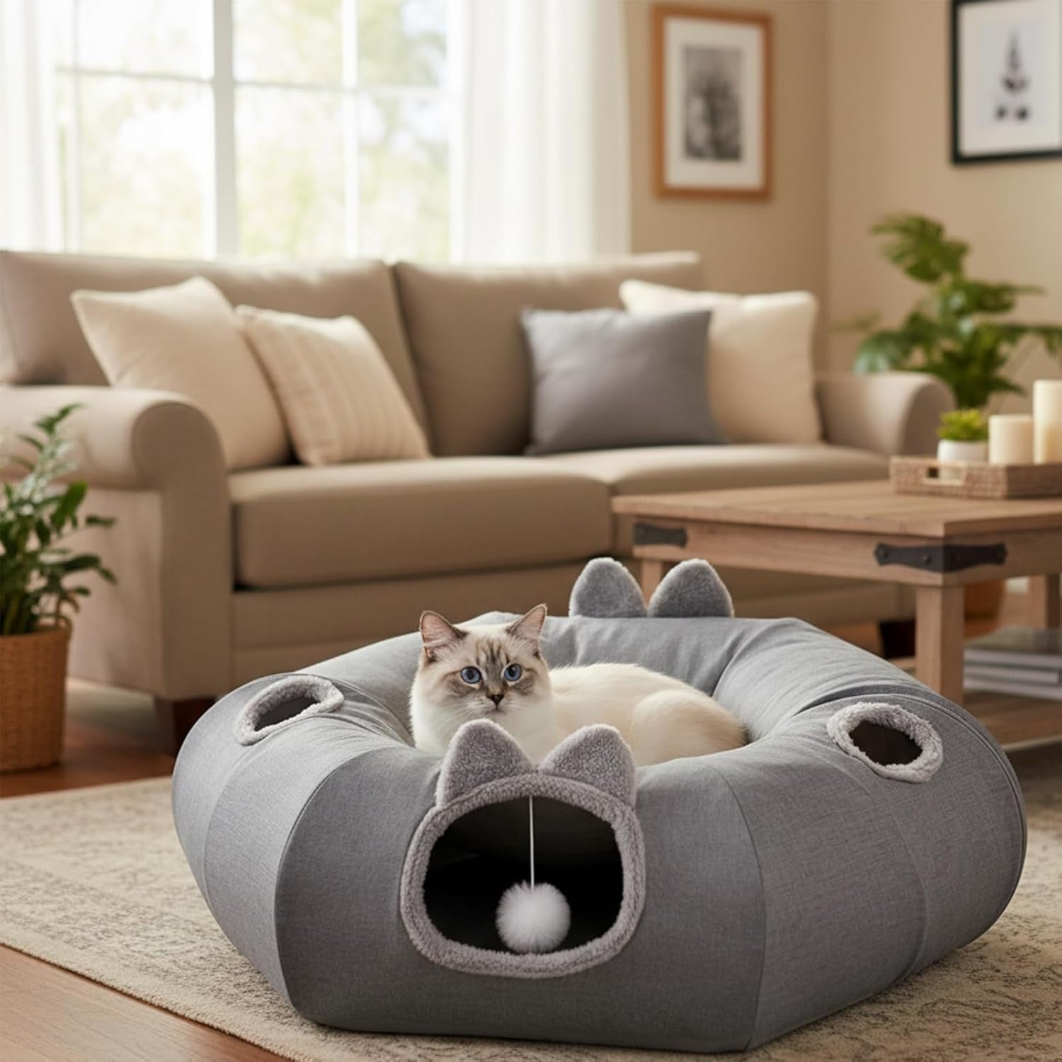 Large Cat Tunnel Bed Foldable Donut Play Tunnel w Washable Cushion