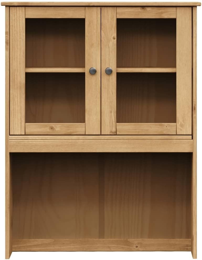 Pine Wood Dresser Top Cabinet 4 Shelves Glass Doors Kitchen Storage Brown
