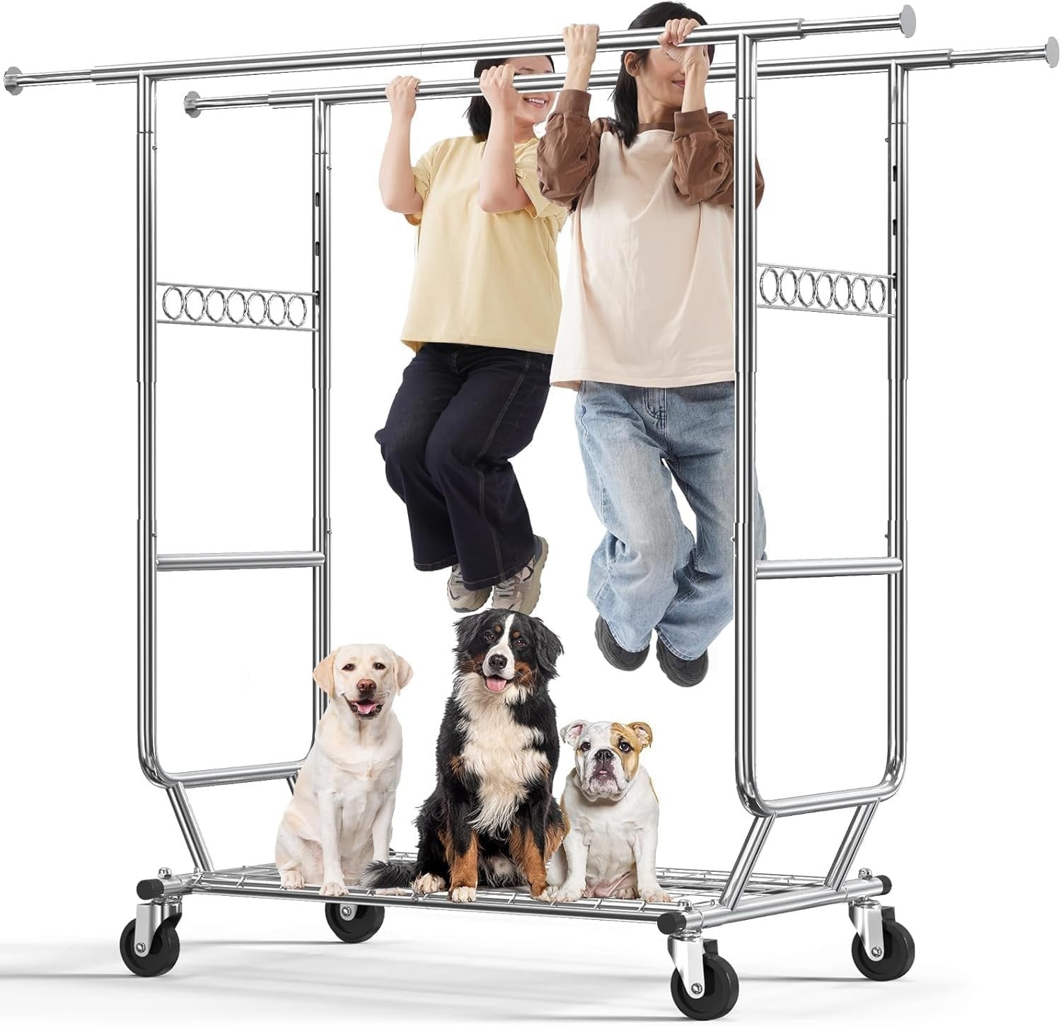 Heavy Duty Double Rail Clothes Rack 650lbs Extendable Silver