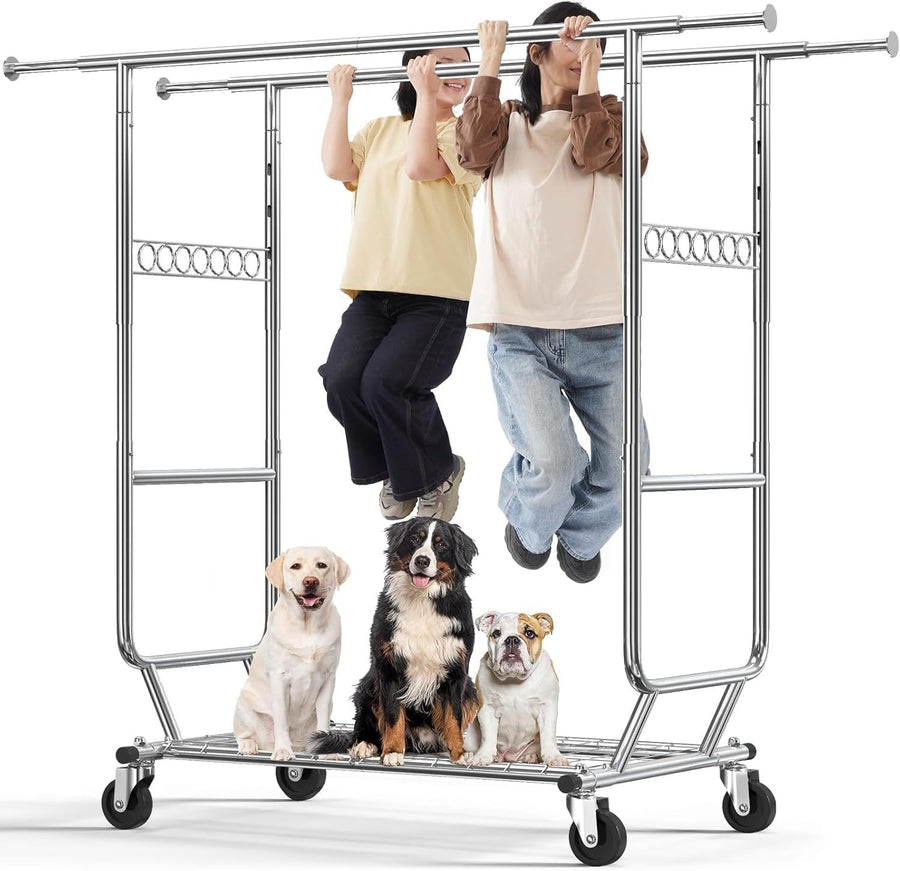 Heavy Duty Double Rail Clothes Rack 650lbs Extendable Silver