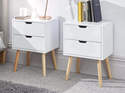 Set of 2 White Bedside Tables with 2 Drawers & Wooden Legs