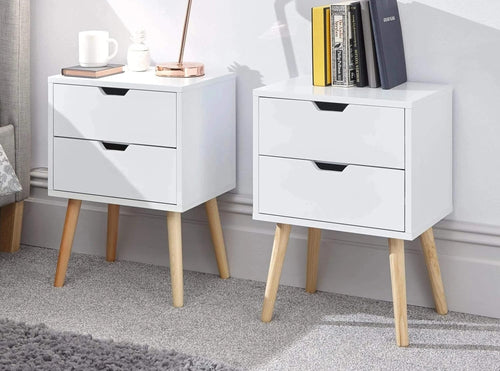 Set of 2 White Bedside Tables with 2 Drawers & Wooden Legs