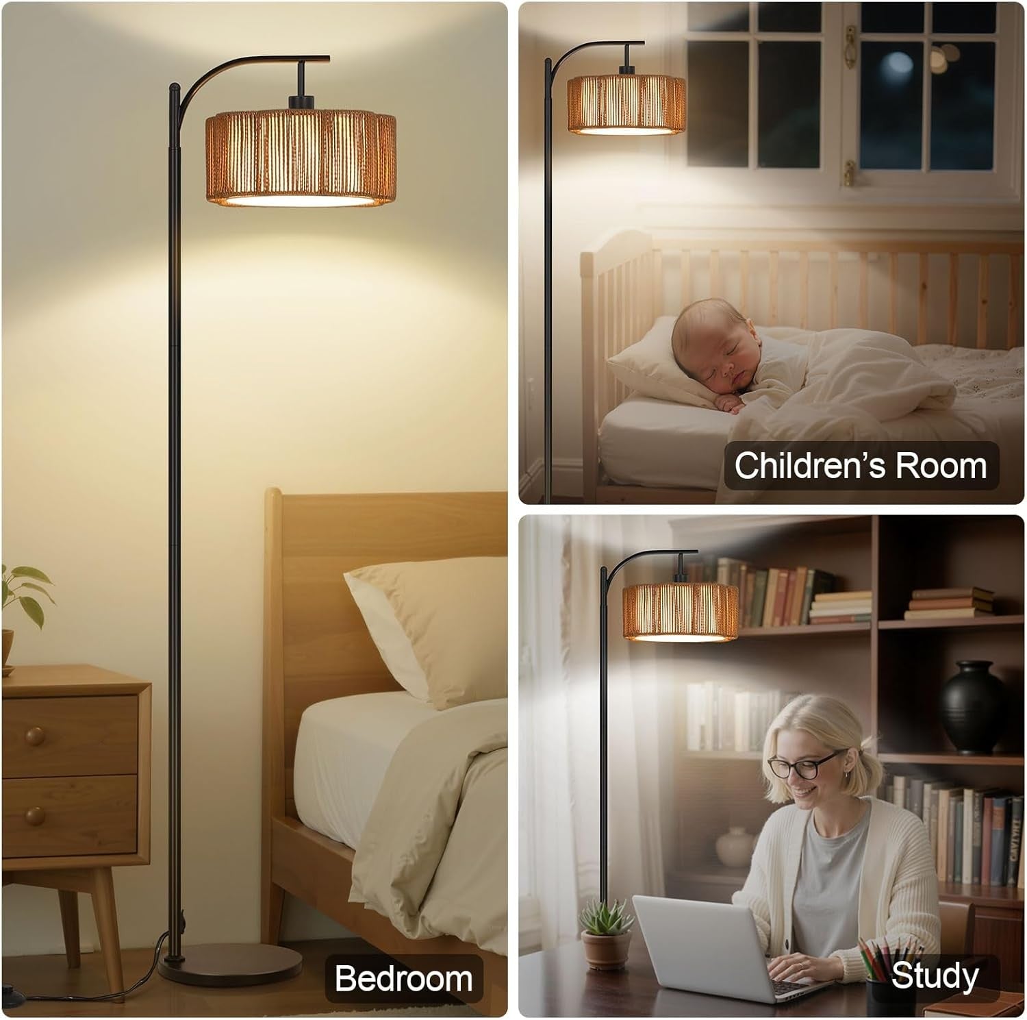 Rattan Boho Floor Lamp Dimmable 3 Colour Standing Light Foot Switch