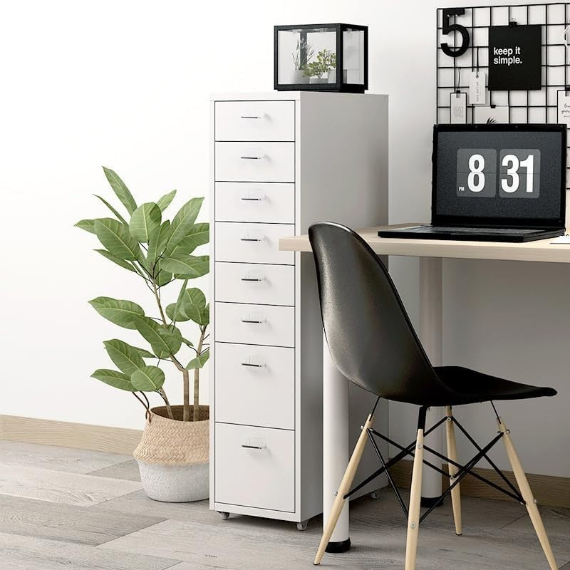 White 8 Drawer Metal Rolling Storage Tower Slim Under Desk File Unit