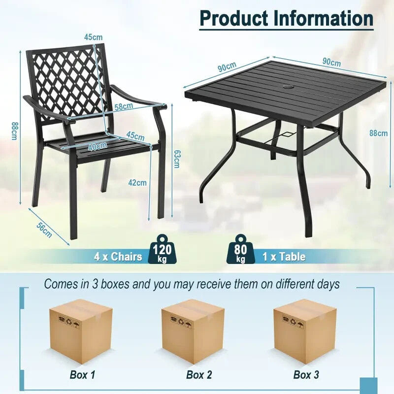5-Piece Metal Patio Dining Set – Stackable Chairs & Slatted Table w/ Umbrella Ho
