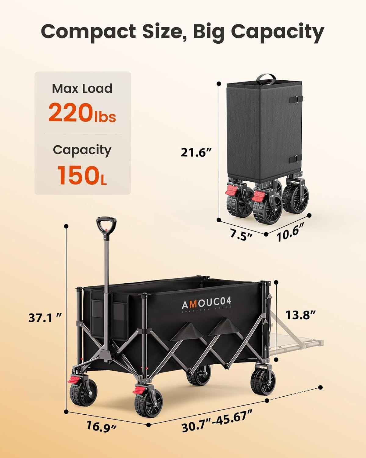 Black 150L Extendable Folding Festival Trolley Heavy Duty Camping Garden Wagon