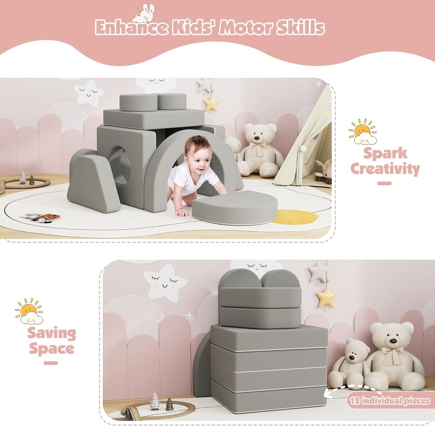 Modular Kids Play Couch & Sofa Bed, Soft Foam Fort for Creative Play