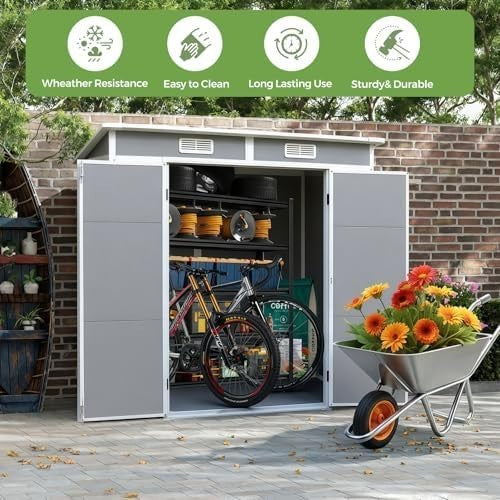 Plastic Garden Storage Shed 6x4ft Waterproof Outdoor Tool Shed with Floor Grey