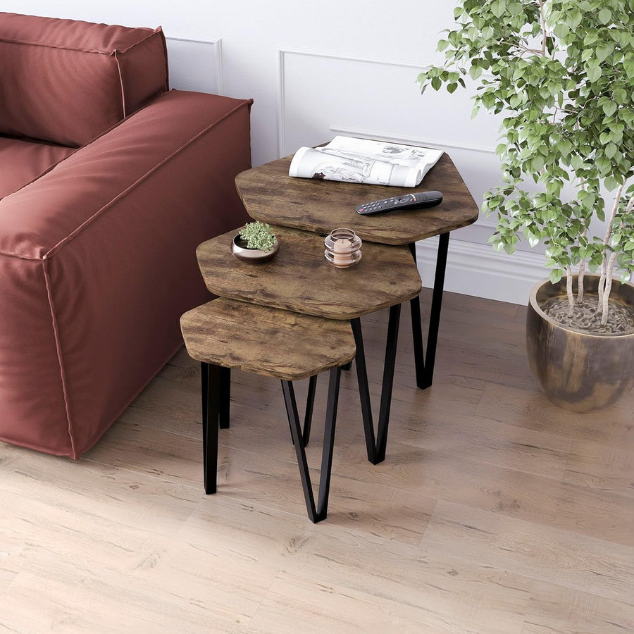 3 Nesting Coffee Tables Set Industrial Style Hexagonal Wood Metal Frame Side End