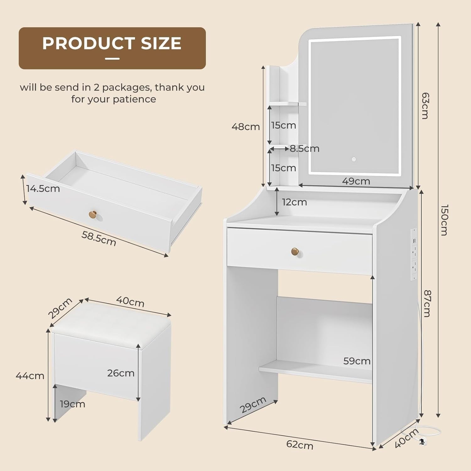 White Vanity Dressing Table LED Mirror 3 Color Lights 5 Drawers Storage & Stool