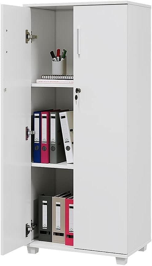 White Tall Lockable Storage Cabinet 2 Door Slim Office Filing Cupboard
