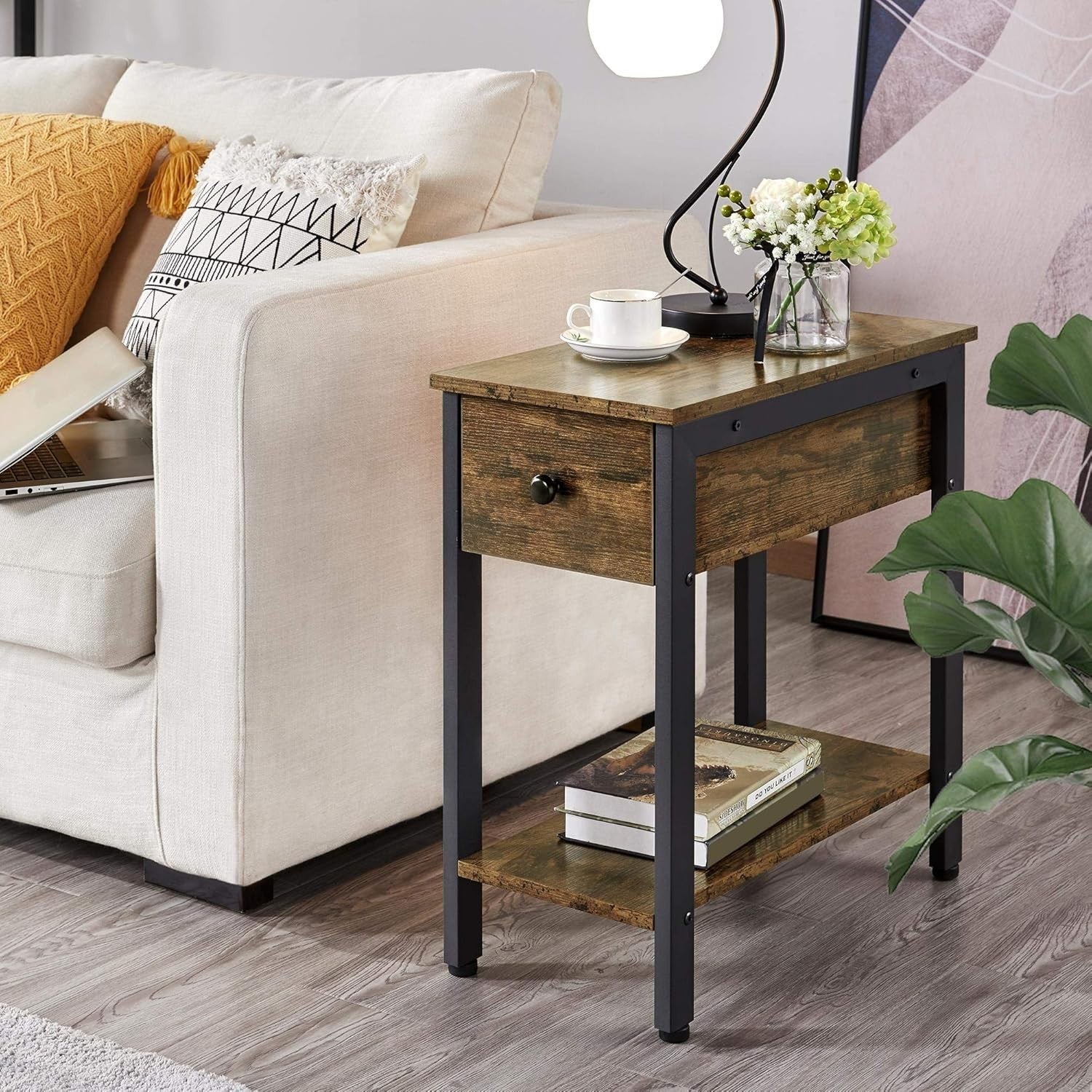 2-Tier Industrial Side Table with Drawer Set of 2, Narrow Storage 60x30x60cm