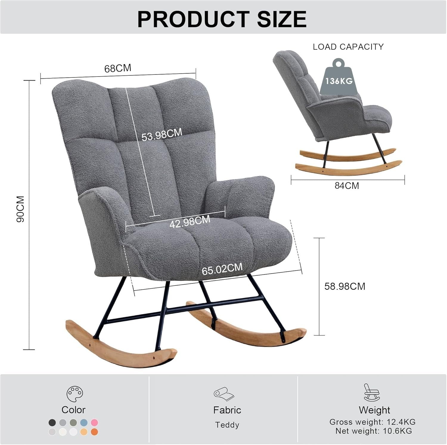 Rocking Chair Nursery Glider Comfy Armchair High Back Padded Seat Grey