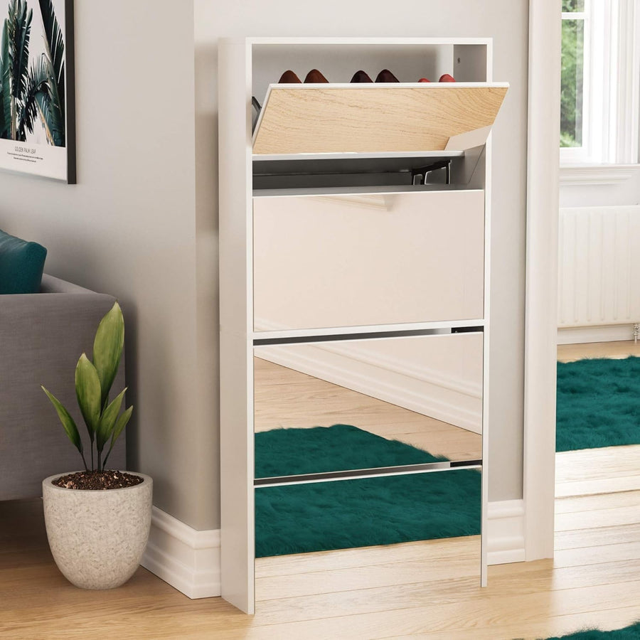 White Mirrored Shoe Cabinet | Slim 4 Drawer Storage 63x17x134cm Unit