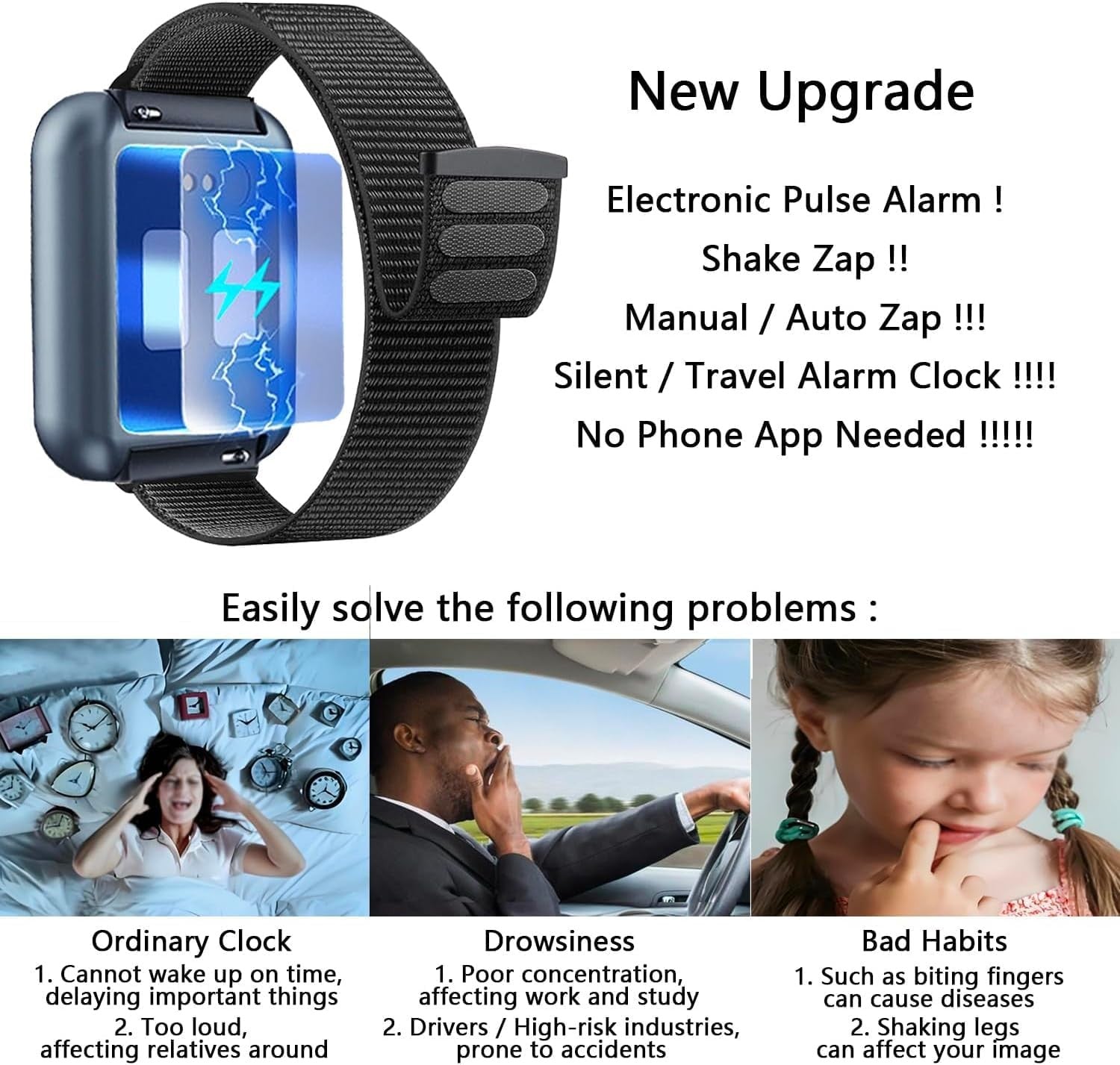 Silent Vibrating Alarm Clock Wrist Watch for Heavy Sleepers Black