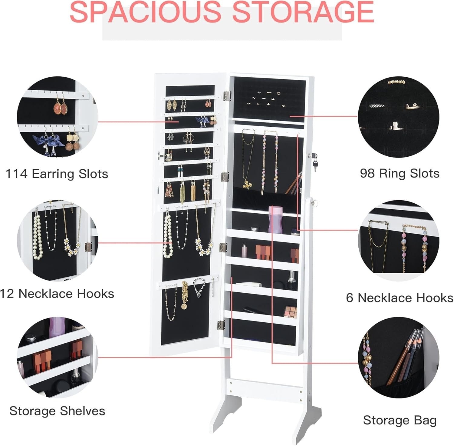 Standing Jewelry Cabinet Full Length Mirror Lockable Storage Organizer White