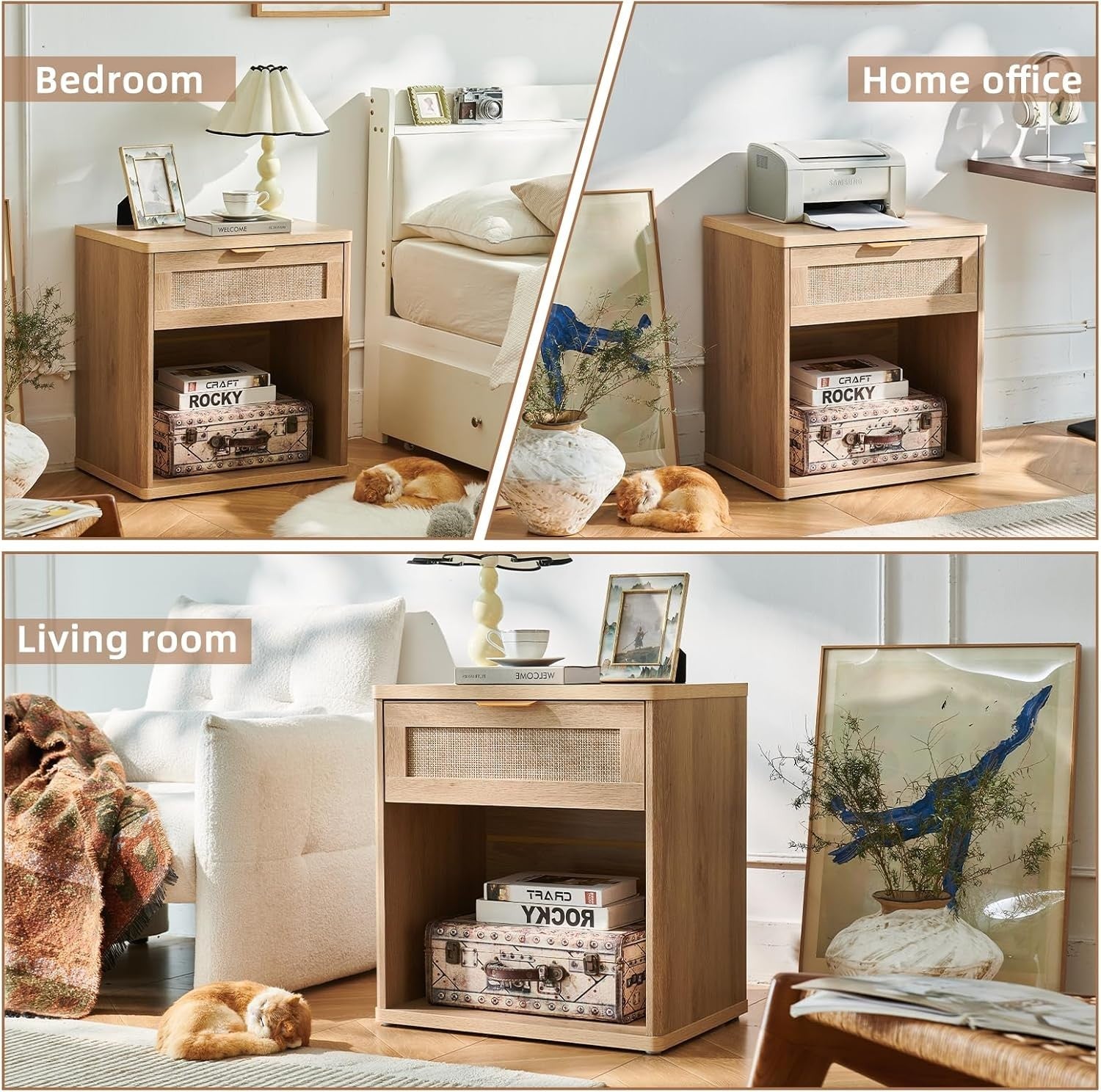 Natural Rattan Bedside Table Nightstand with Drawer Boho Wood Side Table