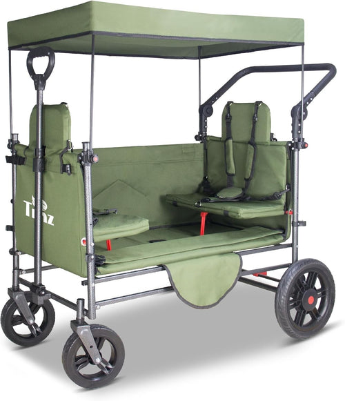 Side-Opening Folding Wagon 120kg Load w/ 2 Seats Canopy Big Wheels Brake Green